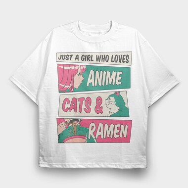 Anime Girl Cat And Ramen, Tricou Oversize Barbati (Unisex)