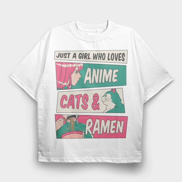 Anime Girl Cat And Ramen, Tricou Oversize Barbati (Unisex)