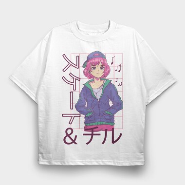 Anime Girl Listening Music Skate Chill, Tricou Oversize Barbati (Unisex)