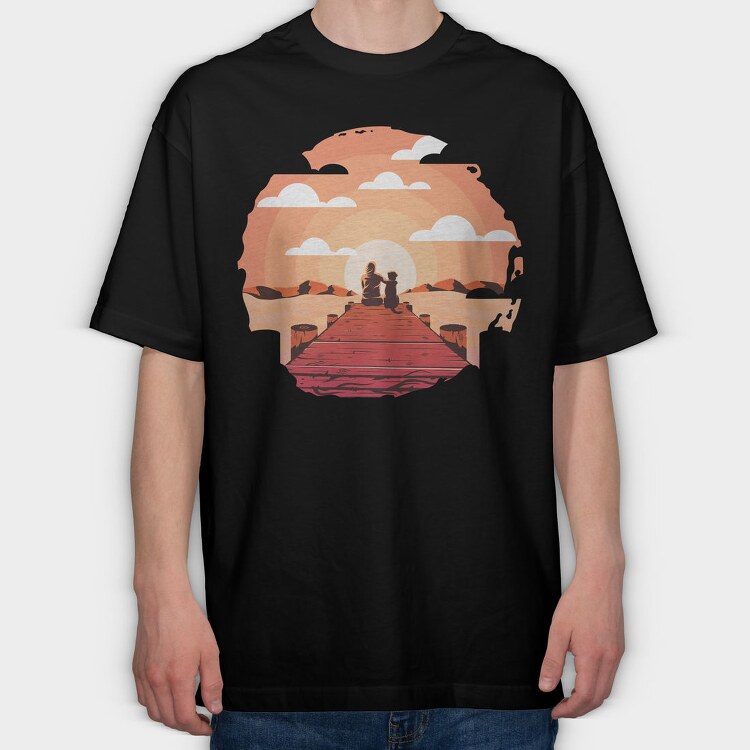 Woman And Dog Pier Footbridge, Tricou Oversize Barbati (Unisex)