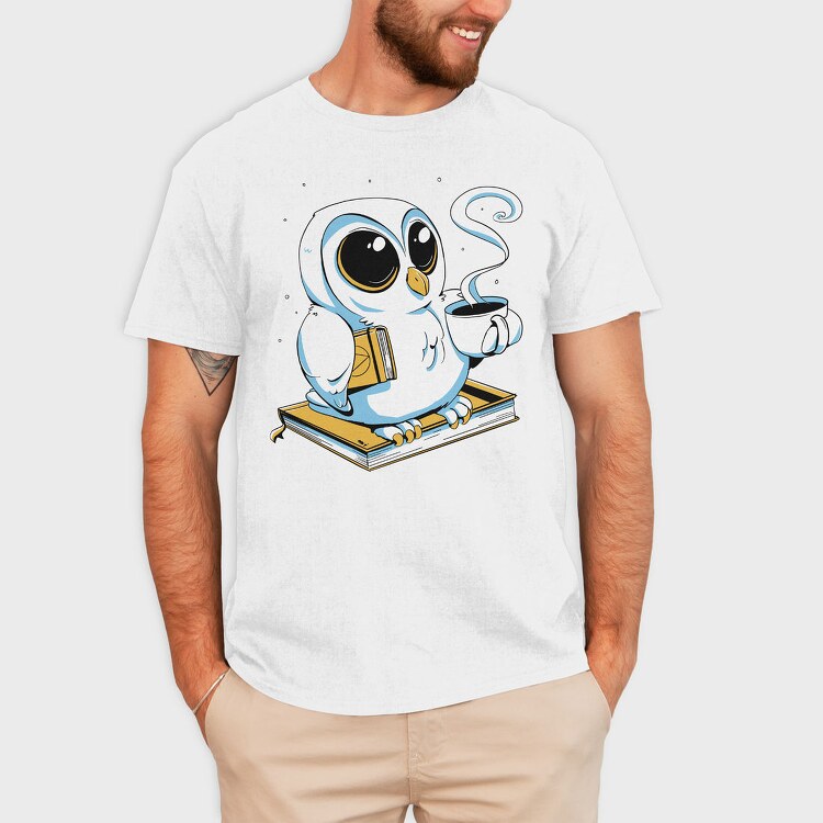 Owl With Books And Coffee Cute, Tricou Barbati (Unisex)