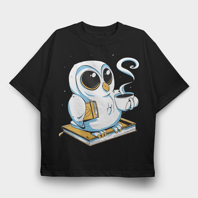 Owl With Books And Coffee Cute, Tricou Oversize Barbati (Unisex)