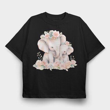 Baby Elephants With Flowers Two, Tricou Oversize Barbati (Unisex)