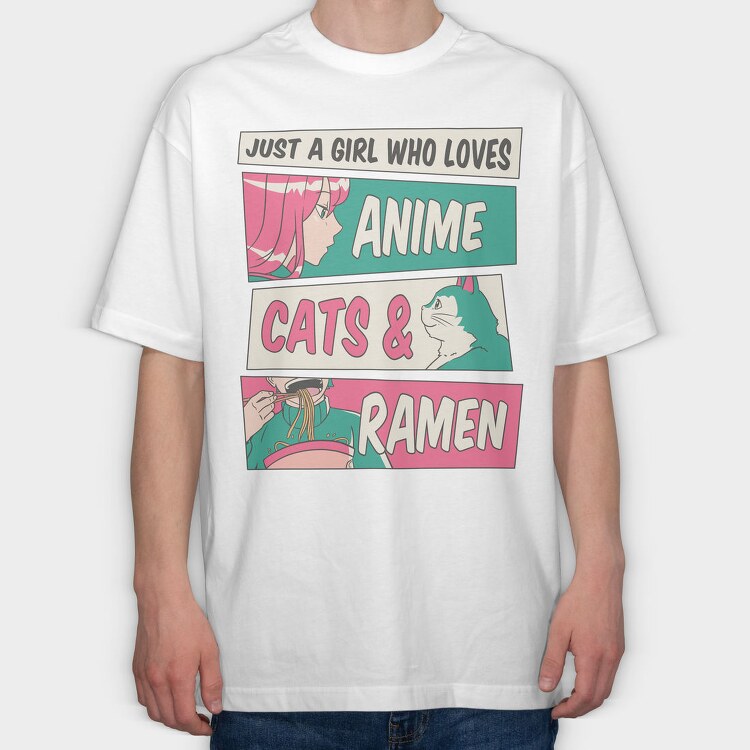 Anime Girl Cat And Ramen, Tricou Oversize Barbati (Unisex)