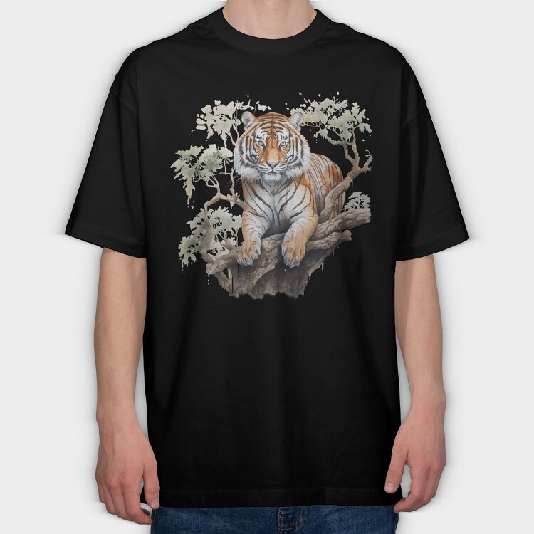 Tiger On Branch, Tricou Oversize Barbati (Unisex)
