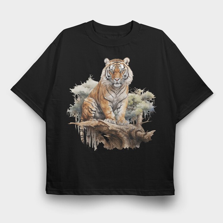 Tiger Sitting Tree Branch, Tricou Oversize Barbati (Unisex)