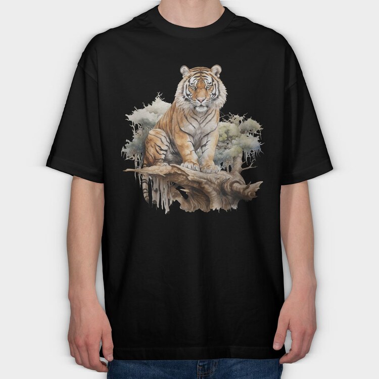 Tiger Sitting Tree Branch, Tricou Oversize Barbati (Unisex)