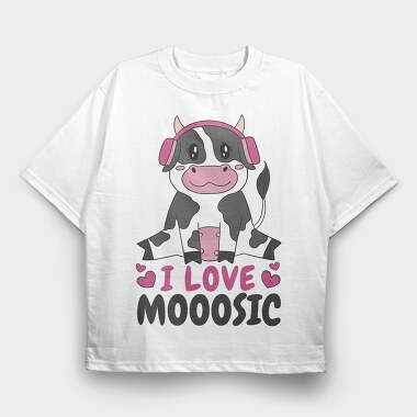 Cow With Headphones I Love Moosic, Tricou Oversize Barbati (Unisex)