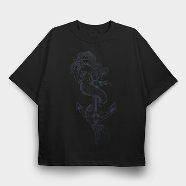 Hand Drawn Mermaid Siren And Anchor, Tricou Oversize Barbati (Unisex)