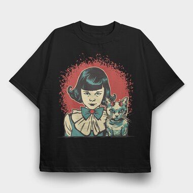 Diabolic Girl And Cat, Tricou Oversize Barbati (Unisex)