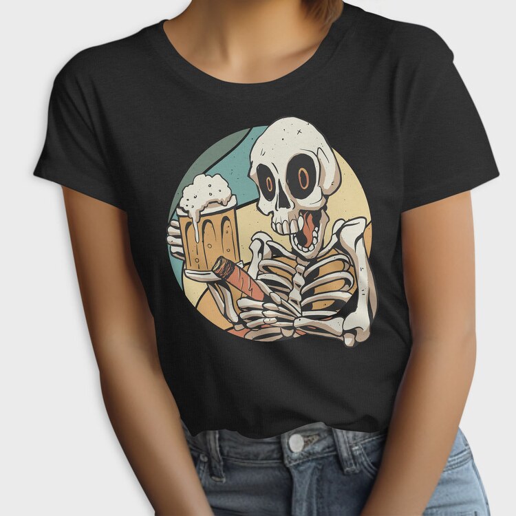 Skeleton Drinking And Smoking Retro Beer Cigar, Tricou Femei