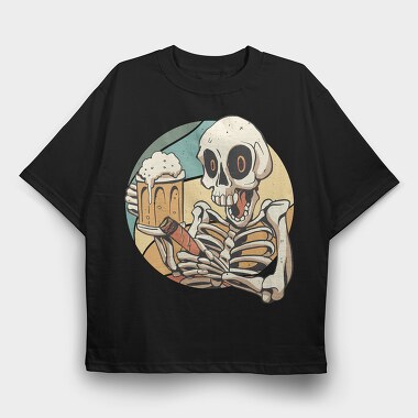 Skeleton Drinking And Smoking Retro Beer Cigar, Tricou Oversize Barbati (Unisex)