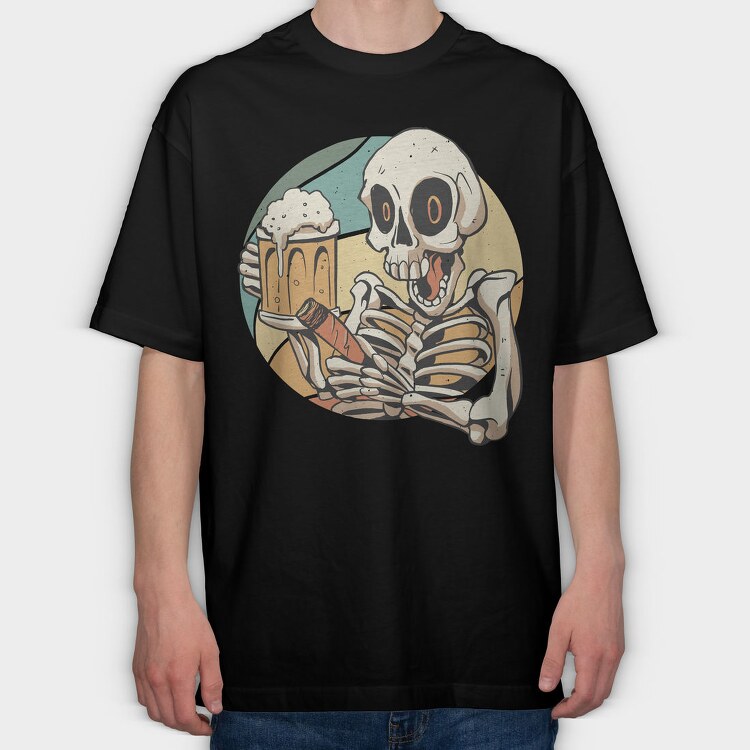 Skeleton Drinking And Smoking Retro Beer Cigar, Tricou Oversize Barbati (Unisex)