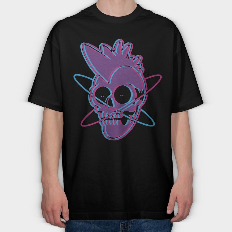 Distorted Punk Sull Cyan Magenta Skull, Tricou Oversize Barbati (Unisex)