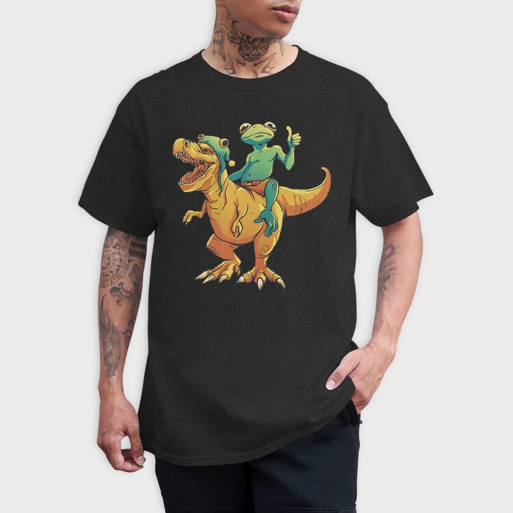 Frog Riding A T Rex Dino Trex, Tricou Barbati (Unisex)