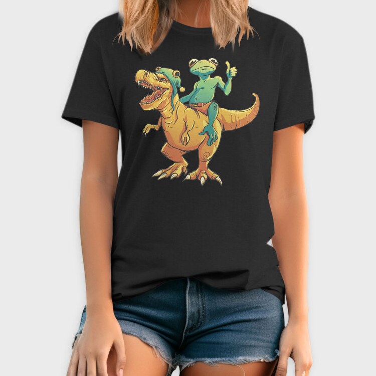 Frog Riding A T Rex Dino Trex, Tricou Barbati (Unisex)