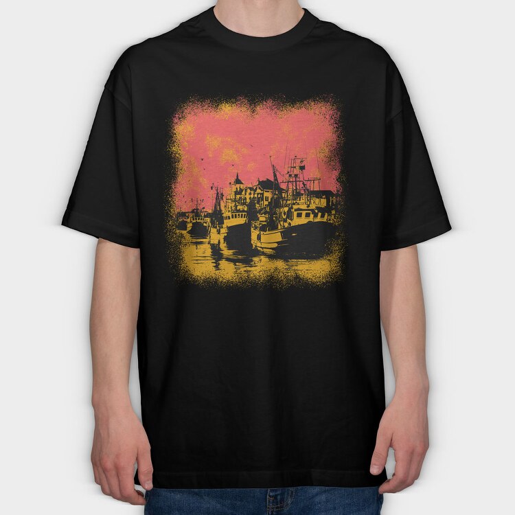 Port With Ships And Boats Sight Seen, Tricou Oversize Barbati (Unisex)