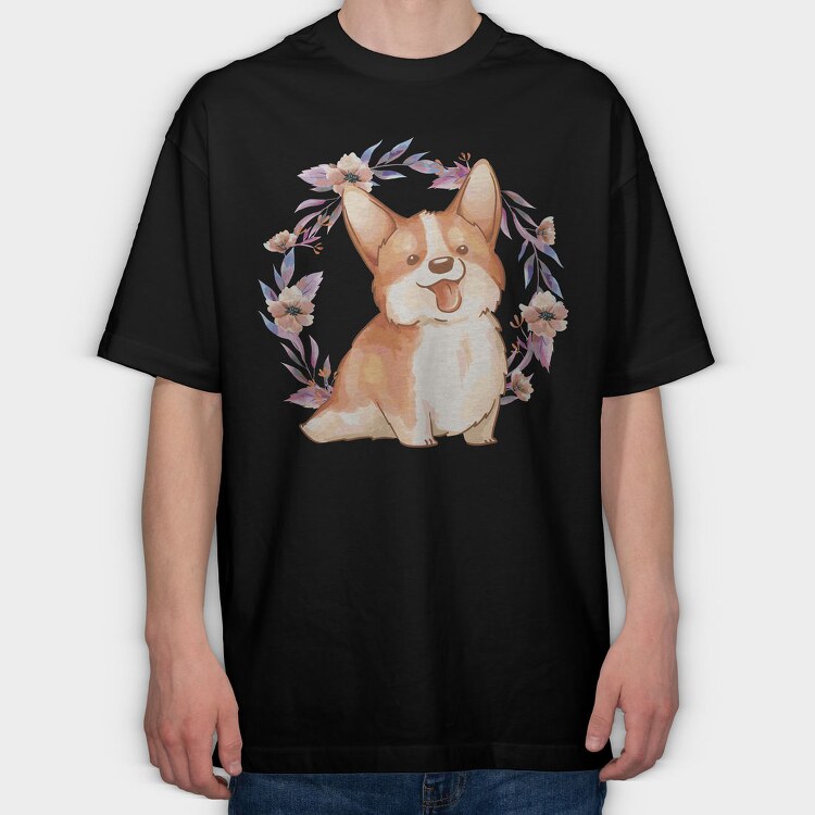 Happy Corgi Dog Watercolor Pillow, Tricou Oversize Barbati (Unisex)