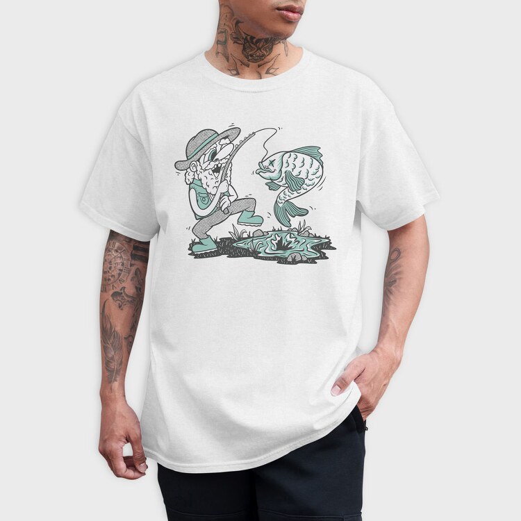 Happy Fisherman And Fish Cartoon, Tricou Barbati (Unisex)
