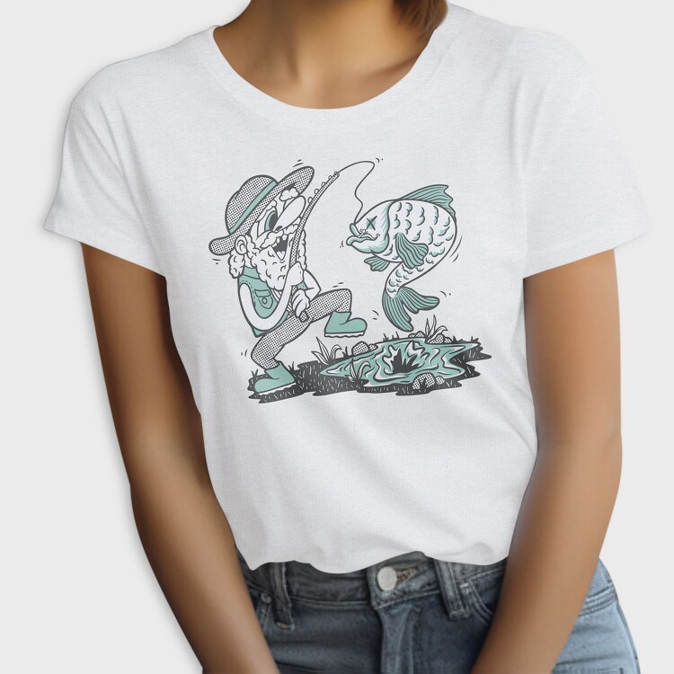 Happy Fisherman And Fish Cartoon, Tricou Femei