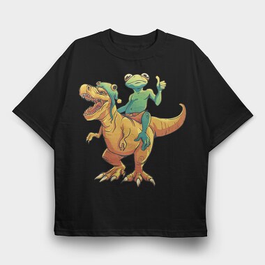 Frog Riding A T Rex Dino Trex, Tricou Oversize Barbati (Unisex)