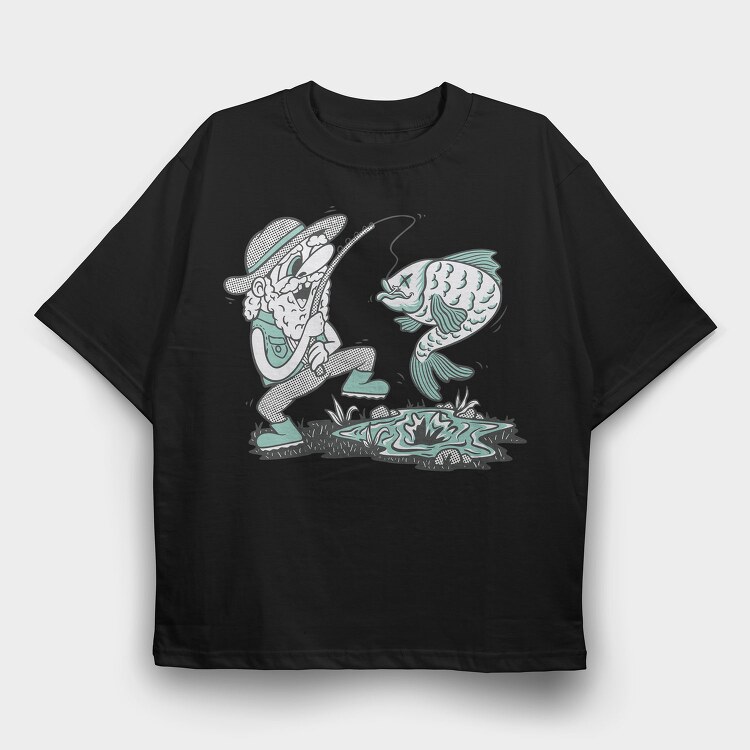 Happy Fisherman And Fish Cartoon, Tricou Oversize Barbati (Unisex)