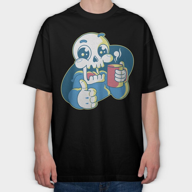 Skeleton Reaper Drinking Grim Coffee, Tricou Oversize Barbati (Unisex)