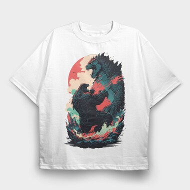 Comic Monsters Fighting Godzilla, Tricou Oversize Barbati (Unisex)