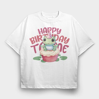 Cute Frog On Cupcake Birthday Mug, Tricou Oversize Barbati (Unisex)
