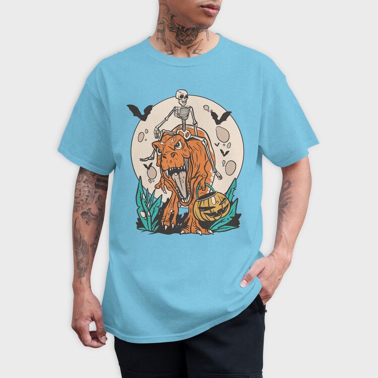 Skeleton Riding T Rex With Pumpkin, Tricou Barbati (Unisex)