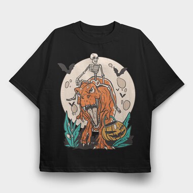 Skeleton Riding T Rex With Pumpkin, Tricou Oversize Barbati (Unisex)