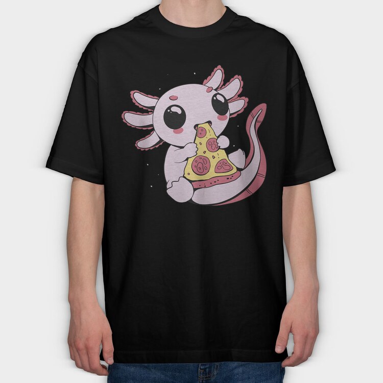 Cute Axolotl Eating Pizza, Tricou Oversize Barbati (Unisex)