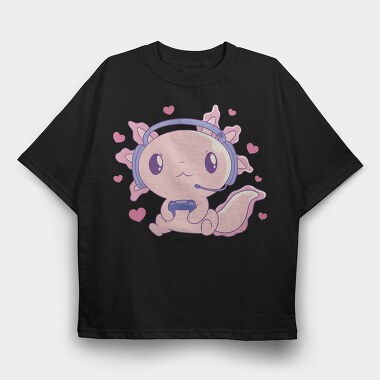 Cute Axolotl Playing Videogames Gaming, Tricou Oversize Barbati (Unisex)