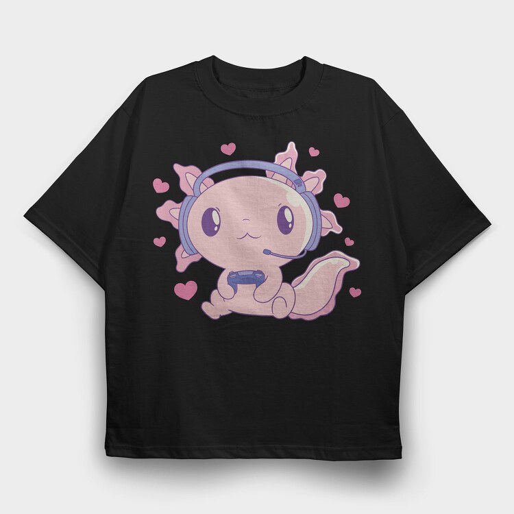 Cute Axolotl Playing Videogames Gaming, Tricou Oversize Barbati (Unisex)