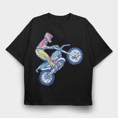 Sketched Motocross Bike Wheeling, Tricou Oversize Barbati (Unisex)