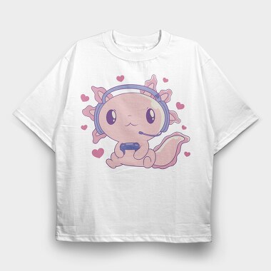 Cute Axolotl Playing Videogames Gaming, Tricou Oversize Barbati (Unisex)
