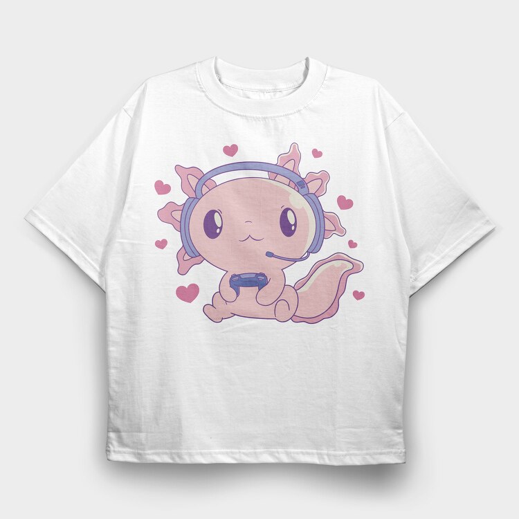Cute Axolotl Playing Videogames Gaming, Tricou Oversize Barbati (Unisex)