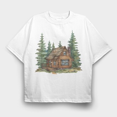 Watercolor Cabin Forest, Tricou Oversize Barbati (Unisex)