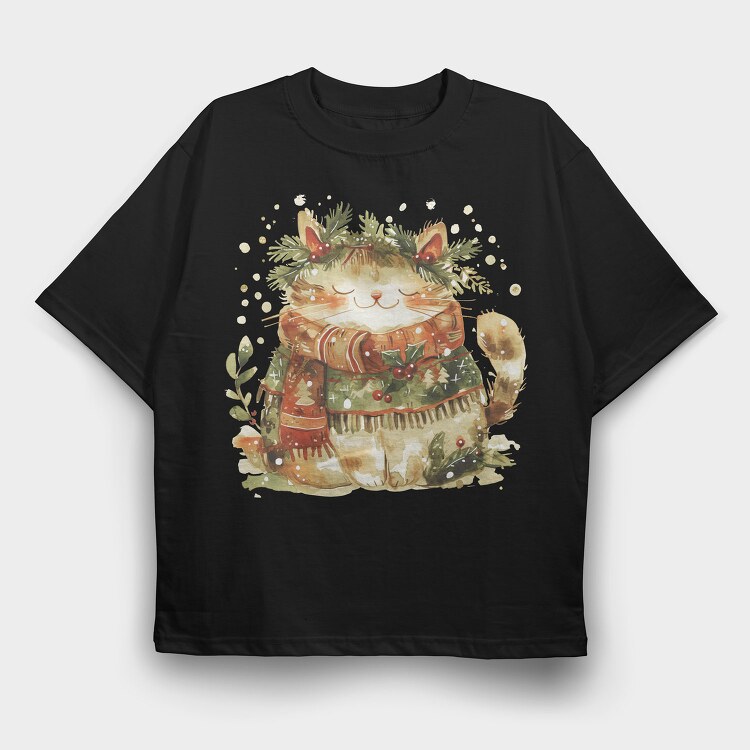 Watercolor Christmas Cat, Tricou Oversize Barbati (Unisex)