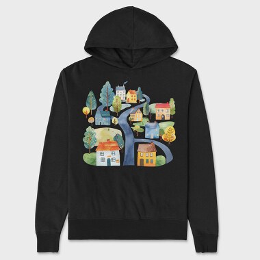 Watercolor Cottages Nordic, Hanorac Oversize Barbati (Unisex)