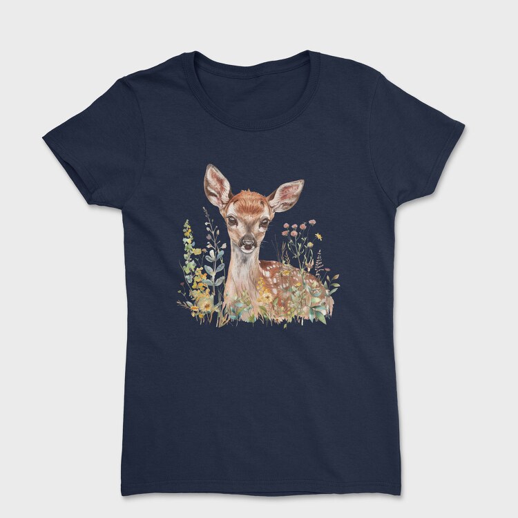 Watercolor Deer Flowers, Tricou Femei
