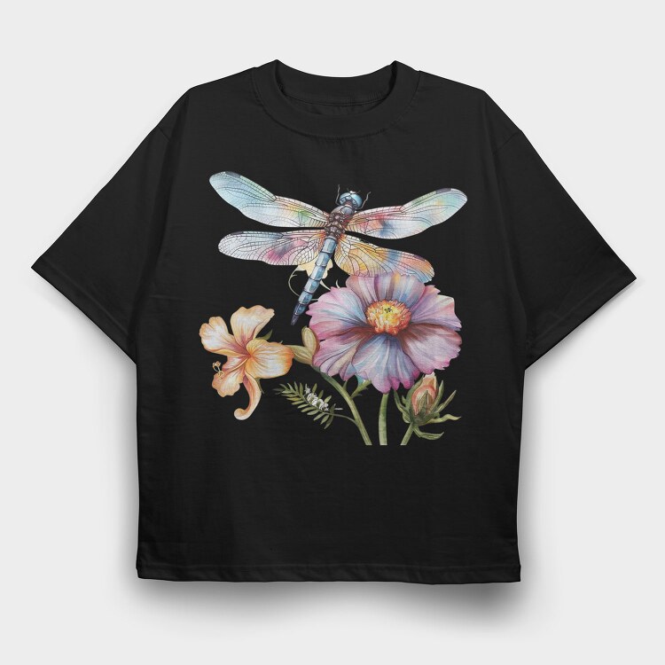 Watercolor Dragonfly Flowers, Tricou Oversize Barbati (Unisex)