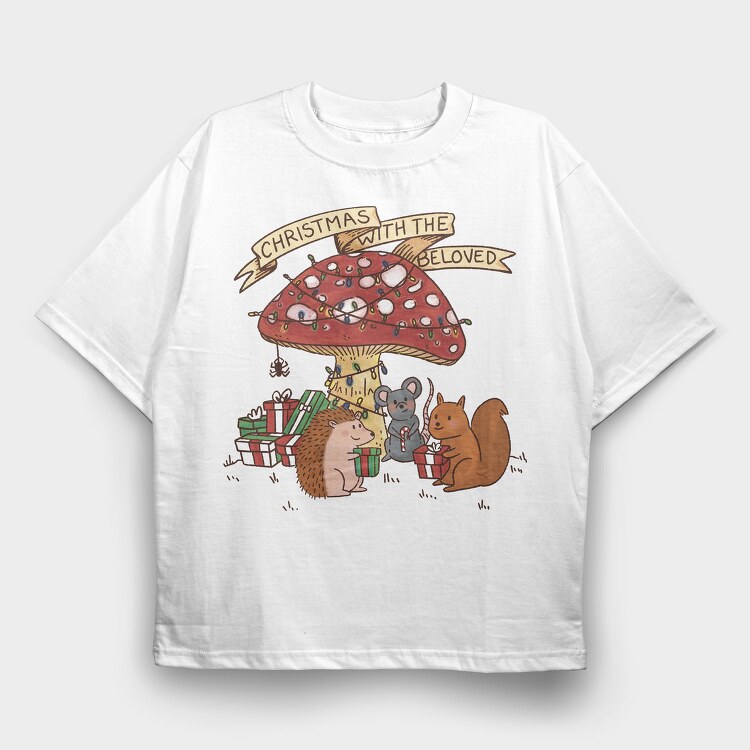 Christmas Mushroom And Animals With The Beloved, Tricou Oversize Barbati (Unisex)