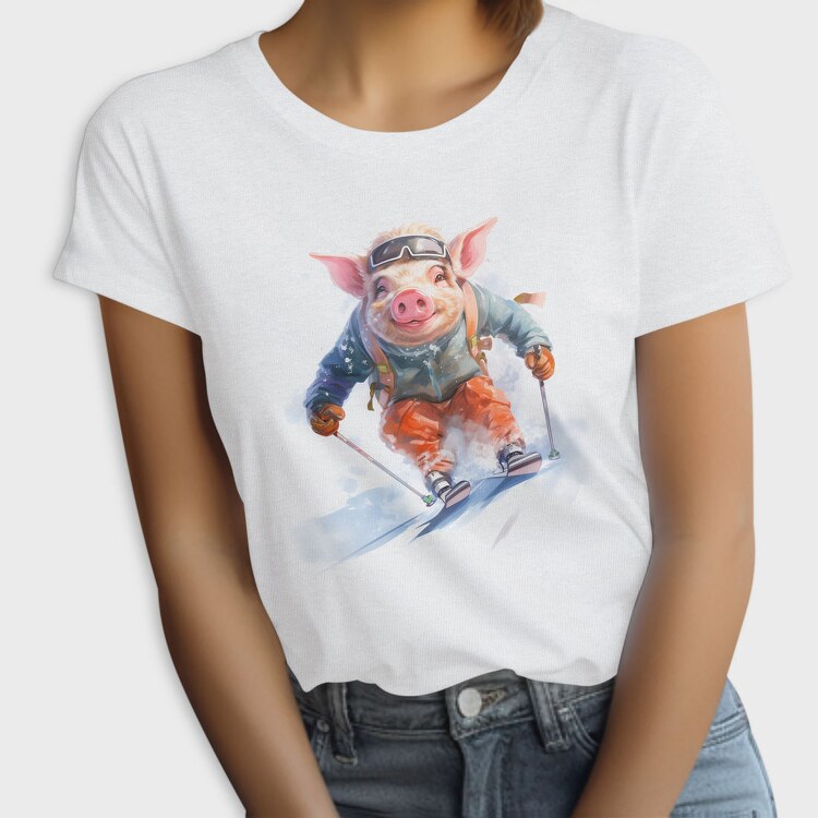 Watercolor Skiing Pig Ski Piggy, Tricou Femei