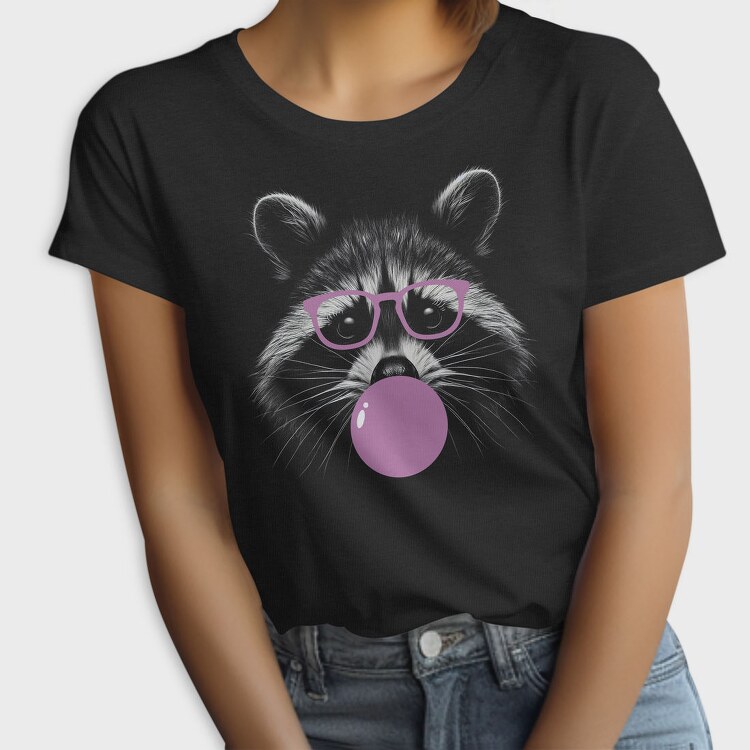 Funny Raccoon With Bubblegum And Glasses, Tricou Femei
