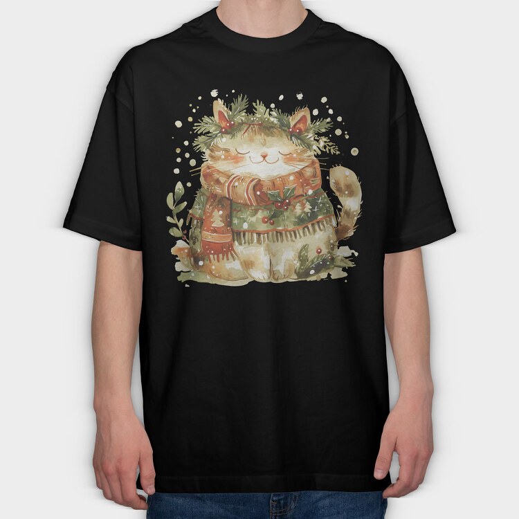 Watercolor Christmas Cat, Tricou Oversize Barbati (Unisex)