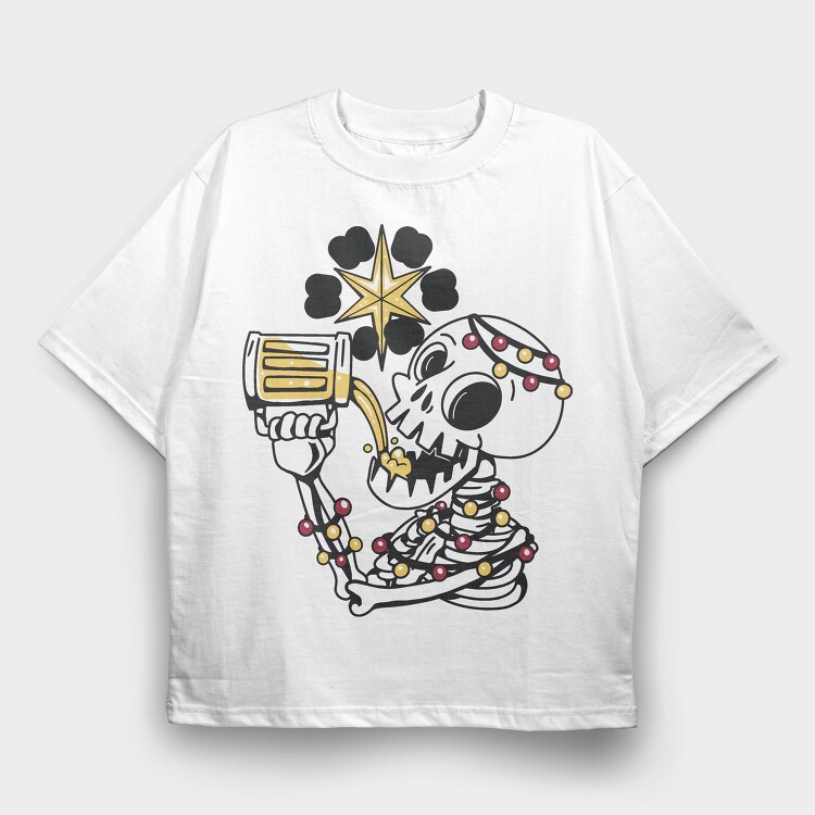 Christmas Skeleton Drinking Beer Beer Mas, Tricou Oversize Barbati (Unisex)