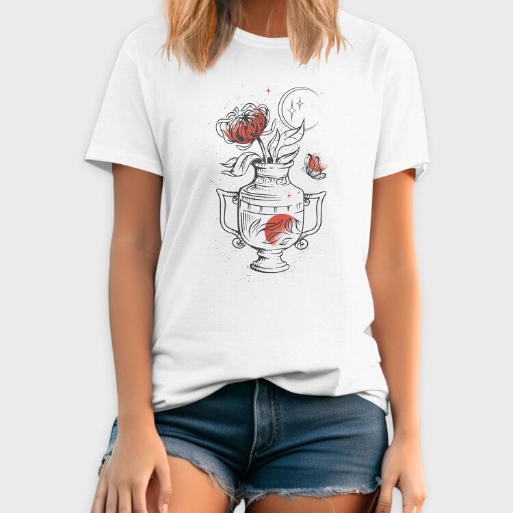 Tattoo Floral Vase Chrysanthemum Moon Red Black, Tricou Barbati (Unisex)