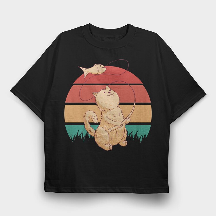 Cute Cat Fishing Retro Sunset, Tricou Oversize Barbati (Unisex)