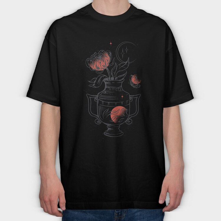 Tattoo Floral Vase Chrysanthemum Moon Red Black, Tricou Oversize Barbati (Unisex)